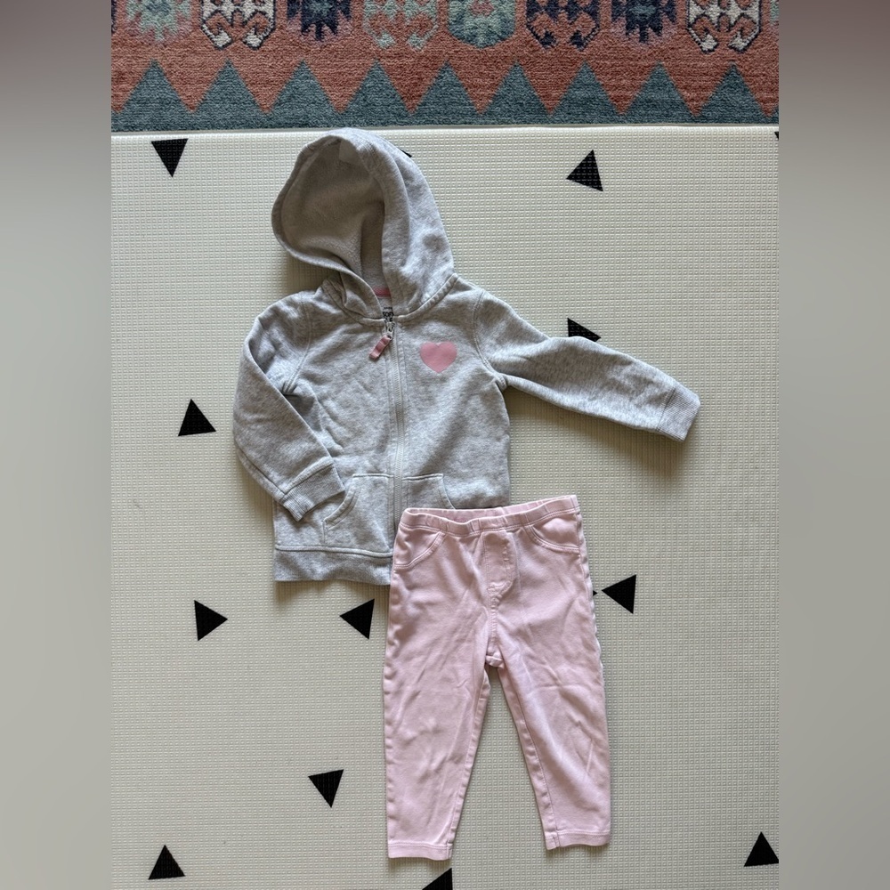 Carter’s|Baby girl,toddler Gray zip Hoodie sweater w simple heart & pink legging